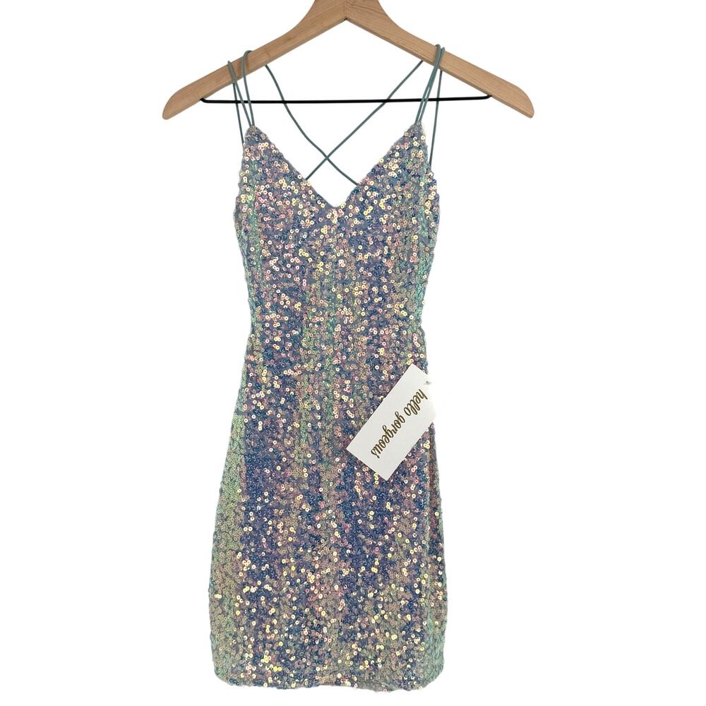 NWT Lovely Day Womens Small Light Blue Sequin Homecoming Party Mini Dress HOCO